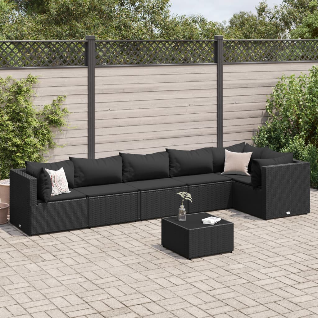 7-tlg. Garten-Lounge-Set mit Kissen Schwarz Poly Rattan