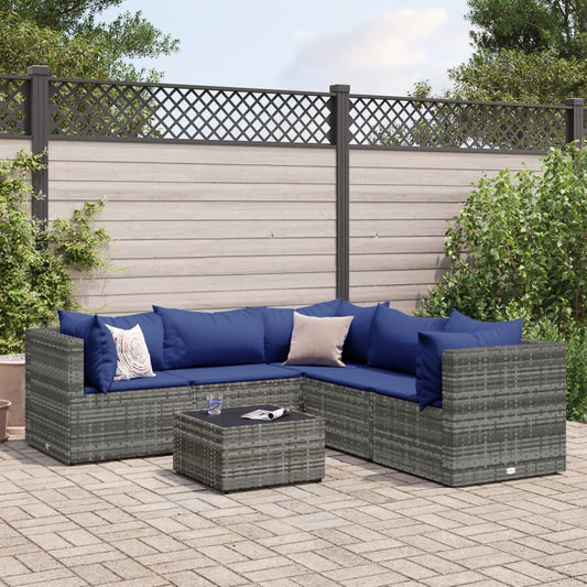 6-tlg. Garten-Lounge-Set mit Kissen Grau Poly Rattan