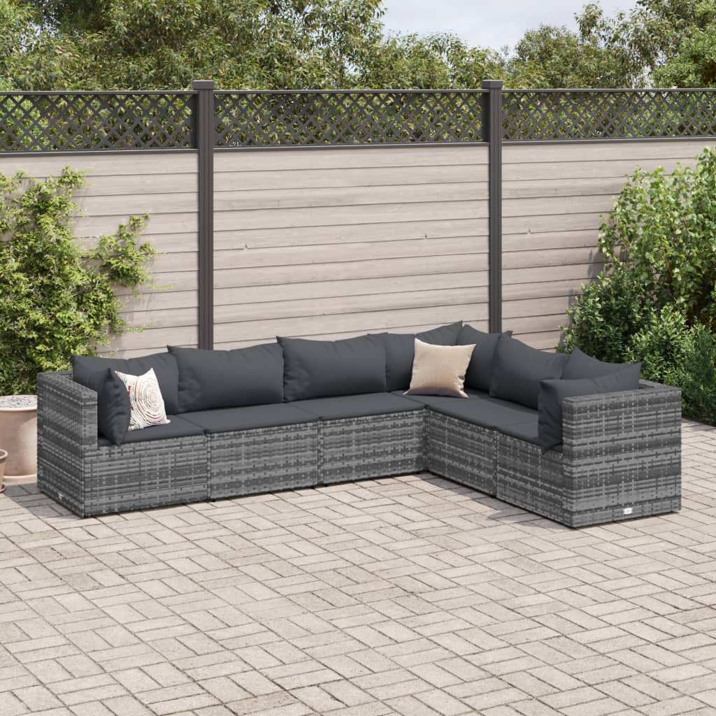 6-tlg. Garten-Lounge-Set mit Kissen Grau Poly Rattan