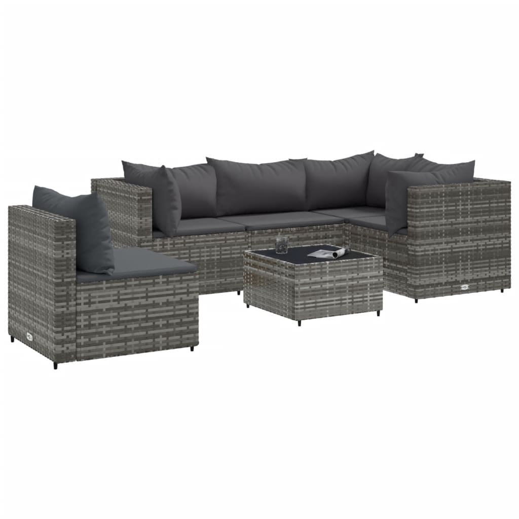 6-tlg. Garten-Lounge-Set mit Kissen Grau Poly Rattan