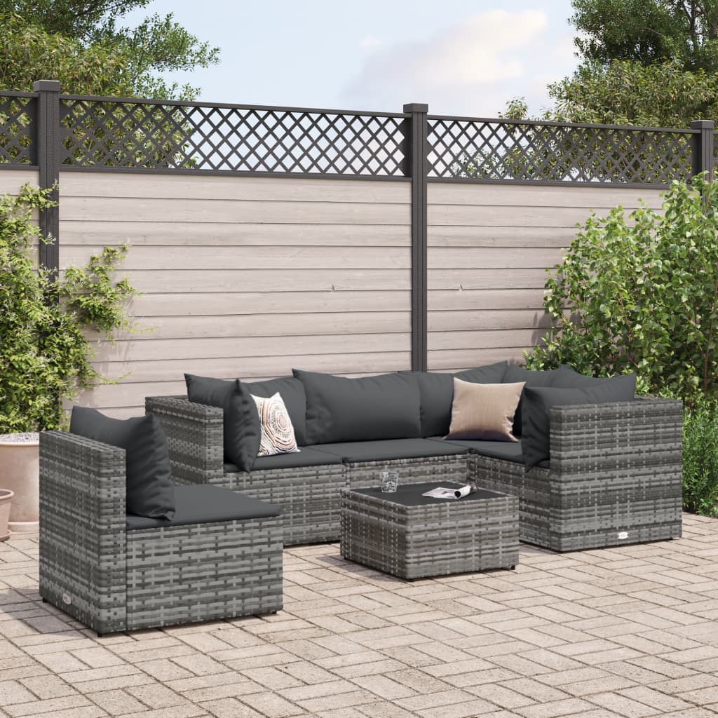 6-tlg. Garten-Lounge-Set mit Kissen Grau Poly Rattan