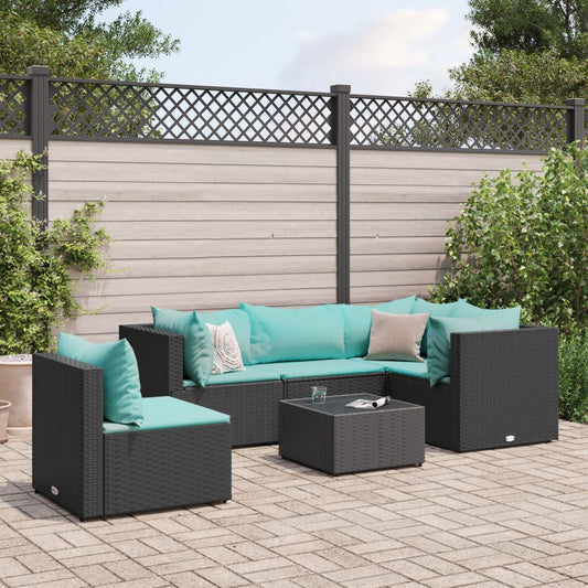 6-tlg. Garten-Lounge-Set mit Kissen Schwarz Poly Rattan