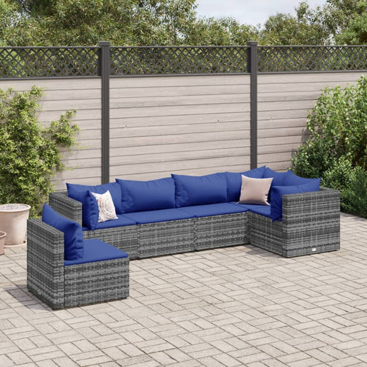 6-tlg. Garten-Lounge-Set mit Kissen Grau Poly Rattan