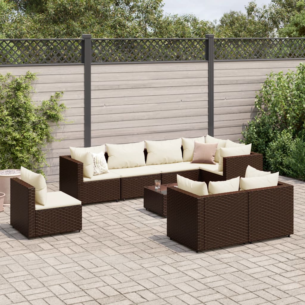 9-tlg. Garten-Lounge-Set mit Kissen Braun Poly Rattan