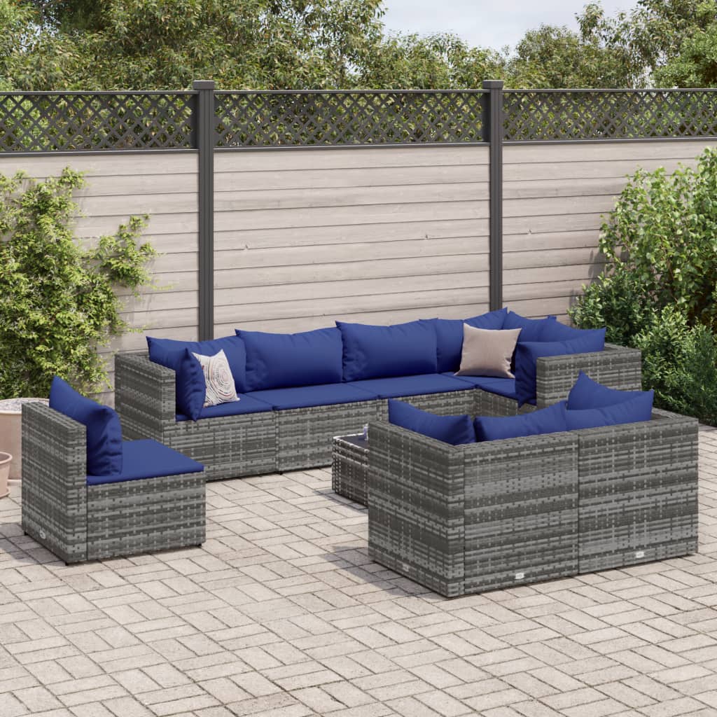 9-tlg. Garten-Lounge-Set mit Kissen Grau Poly Rattan