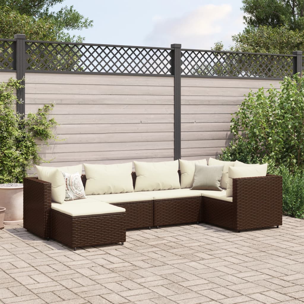 6-tlg. Garten-Lounge-Set mit Kissen Braun Poly Rattan