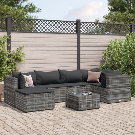 7-tlg. Garten-Lounge-Set mit Kissen Grau Poly Rattan