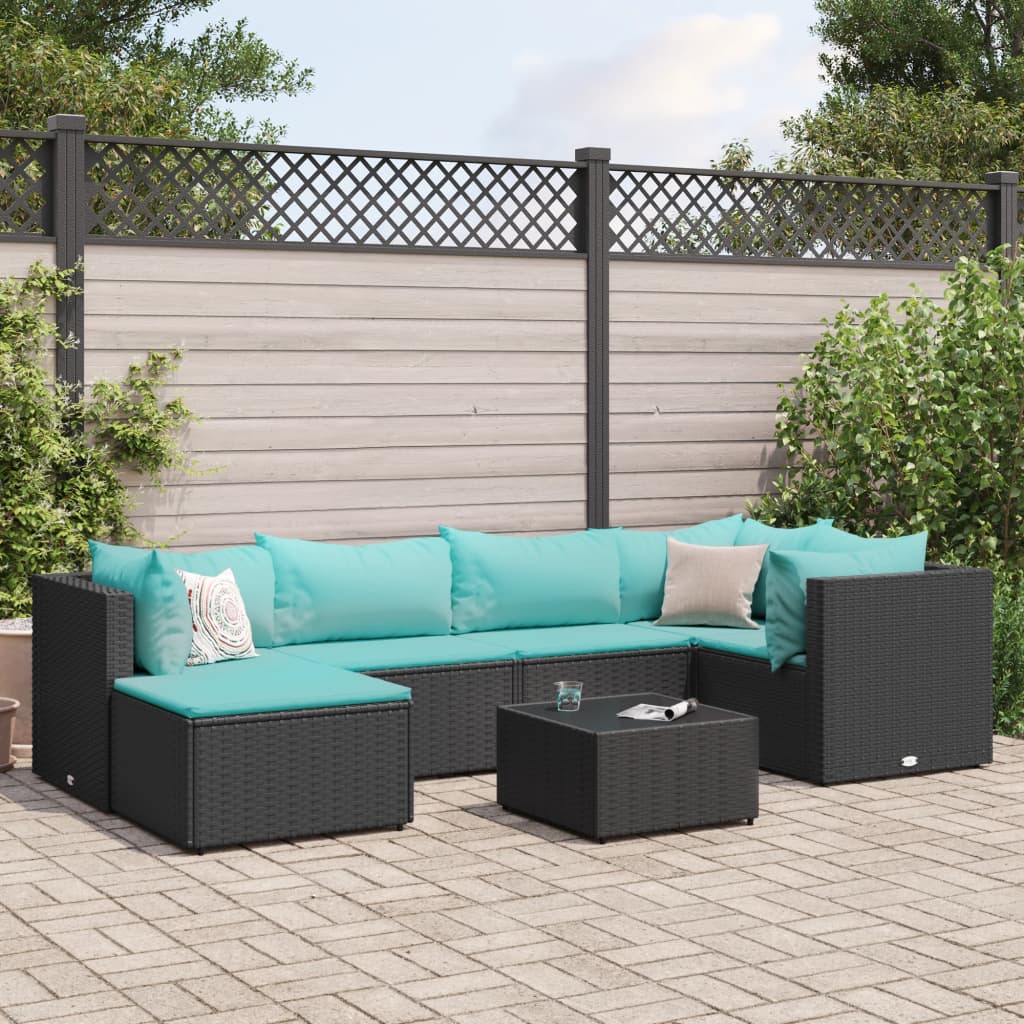 7-tlg. Garten-Lounge-Set mit Kissen Schwarz Poly Rattan