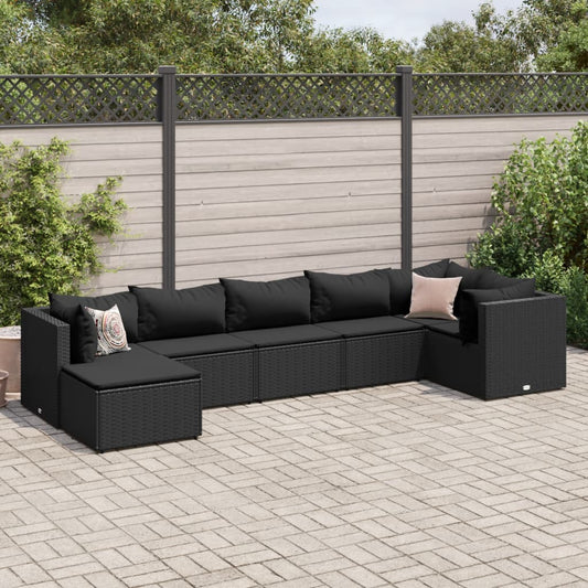 7-tlg. Garten-Lounge-Set mit Kissen Schwarz Poly Rattan