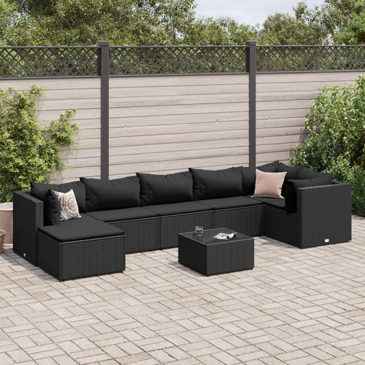 8-tlg. Garten-Lounge-Set mit Kissen Schwarz Poly Rattan