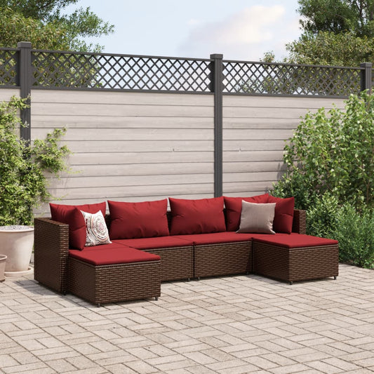 6-tlg. Garten-Lounge-Set mit Kissen Braun Poly Rattan