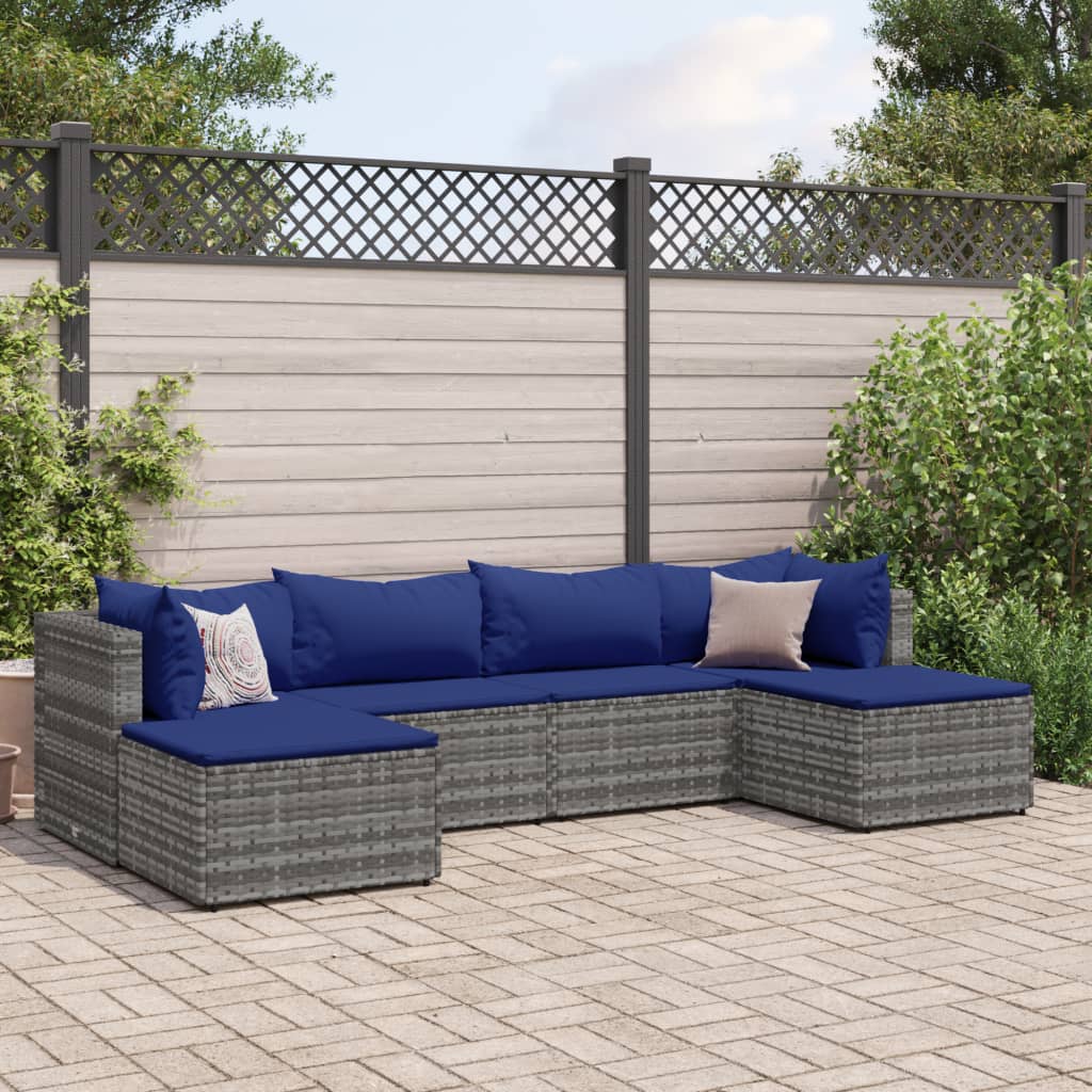 6-tlg. Garten-Lounge-Set mit Kissen Grau Poly Rattan