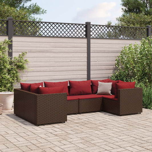 6-tlg. Garten-Lounge-Set mit Kissen Braun Poly Rattan