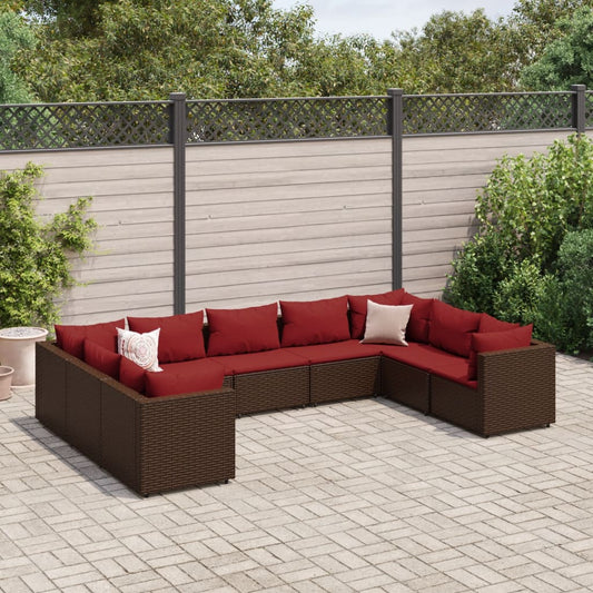 9-tlg. Garten-Lounge-Set mit Kissen Braun Poly Rattan