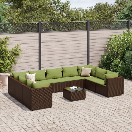 10-tlg. Garten-Lounge-Set mit Kissen Braun Poly Rattan