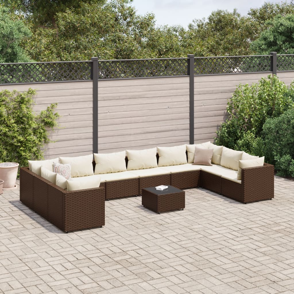 11-tlg. Garten-Lounge-Set mit Kissen Braun Poly Rattan