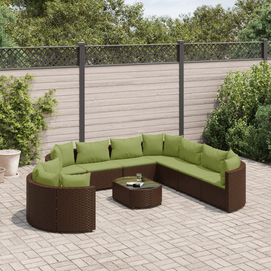 10-tlg. Garten-Sofagarnitur mit Kissen Braun Poly Rattan