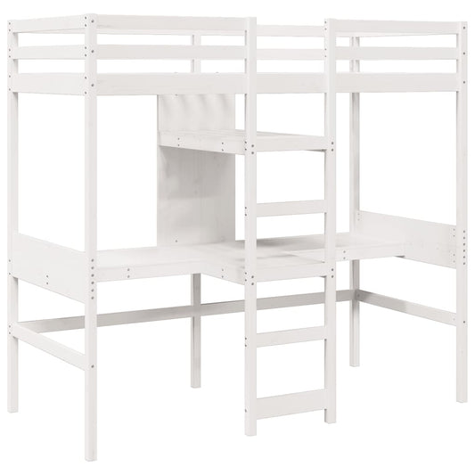 Hochbett mit Schreibtisch & Ablagen Weiß 90x200 cm Kiefernholz