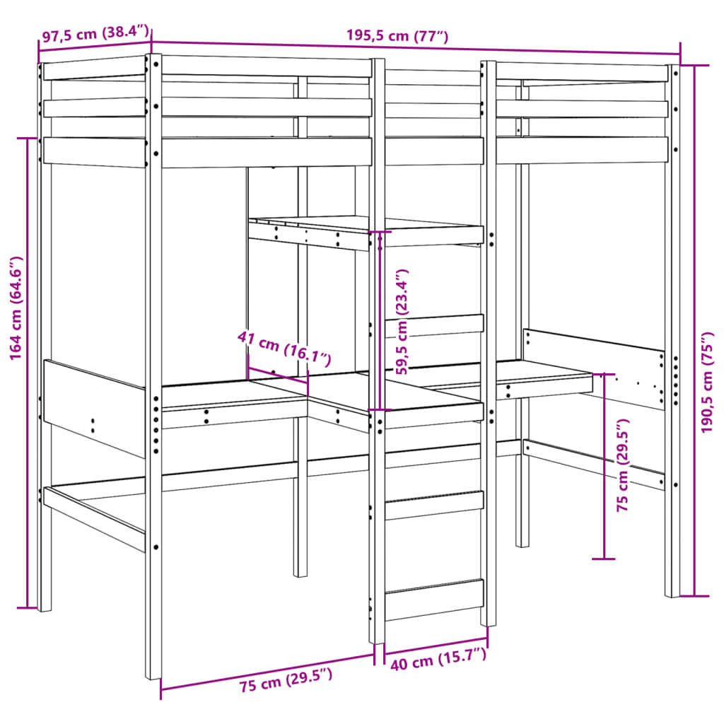 Hochbett ohne Matratze Wachsbraun 90x190 cm Massivholz Kiefer