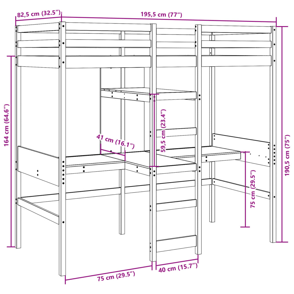 Hochbett ohne Matratze Wachsbraun 75x190 cm Massivholz Kiefer