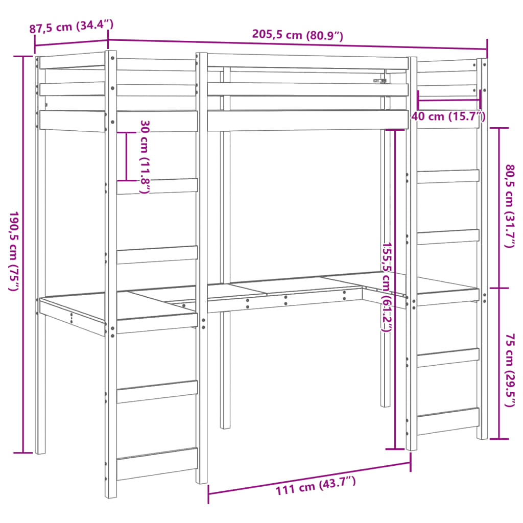 Hochbett ohne Matratze 80x200 cm Massivholz Kiefer