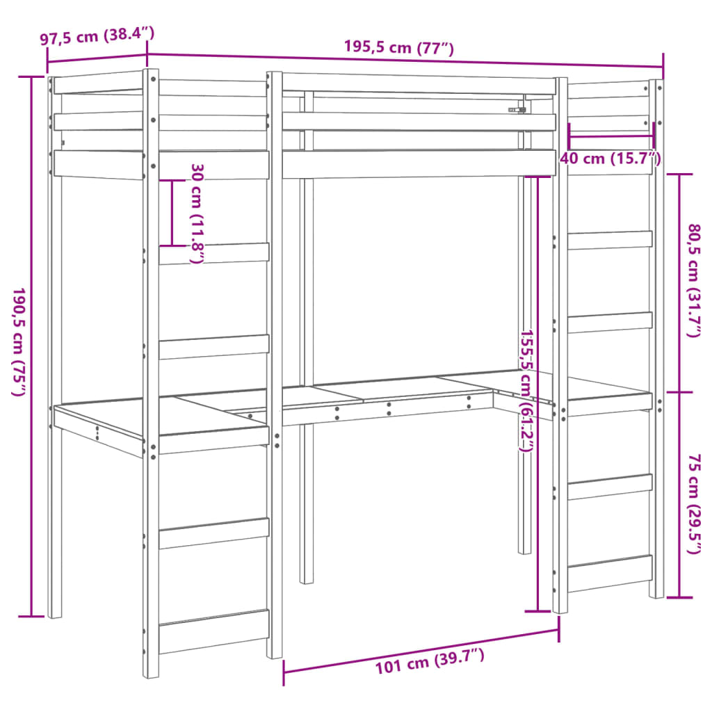 Hochbett ohne Matratze Wachsbraun 90x190 cm Massivholz Kiefer