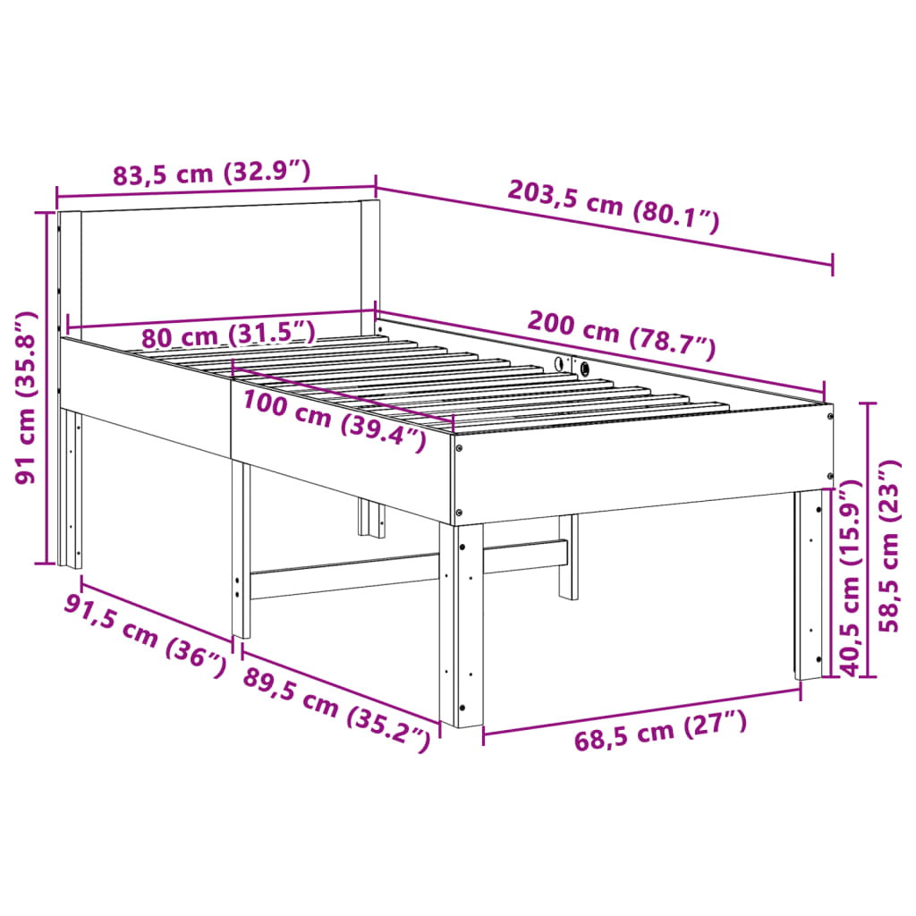 Massivholzbett ohne Matratze 80x200 cm Kiefernholz