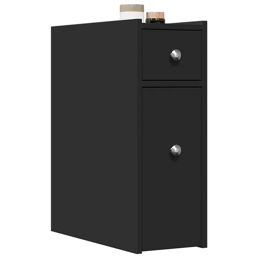 Badschrank Schmal mit Rollen Schwarz Holzwerkstoff