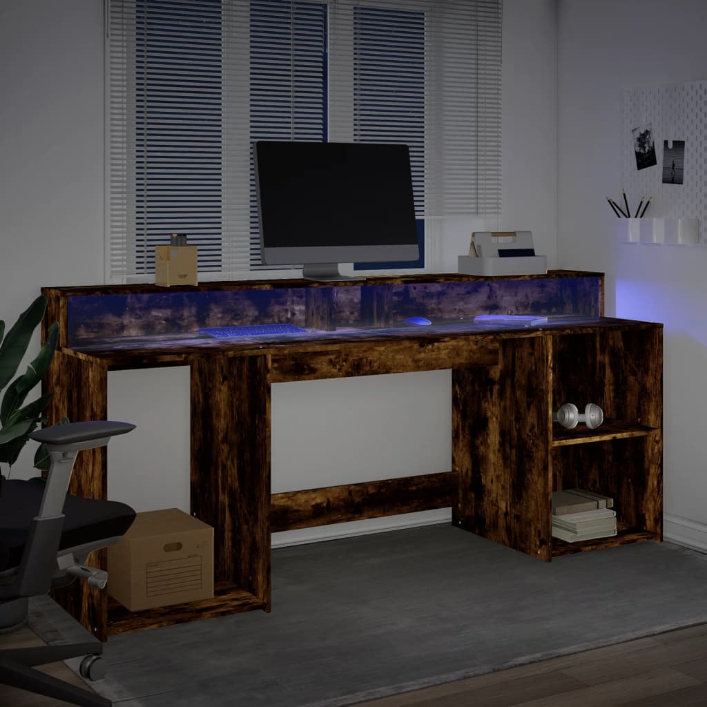 LED-Schreibtisch Räuchereiche 200x55x91 cm Holzwerkstoff