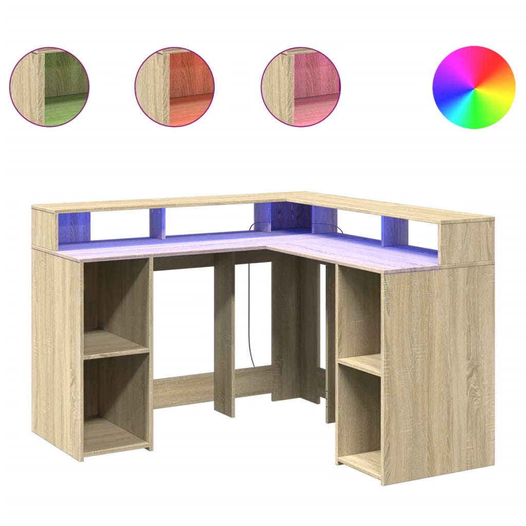 LED-Schreibtisch Sonoma-Eiche 130x130x91 cm Holzwerkstoff