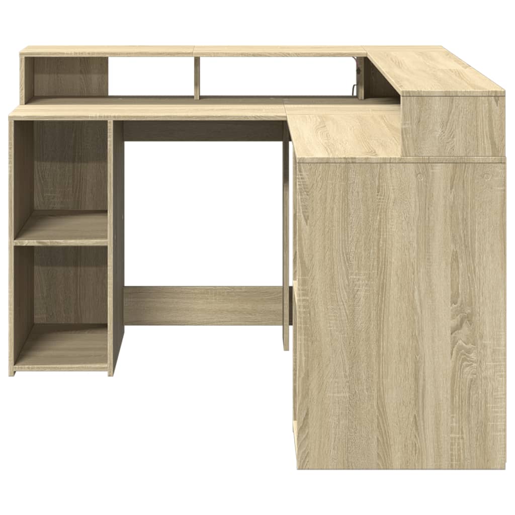 LED-Schreibtisch Sonoma-Eiche 130x130x91 cm Holzwerkstoff