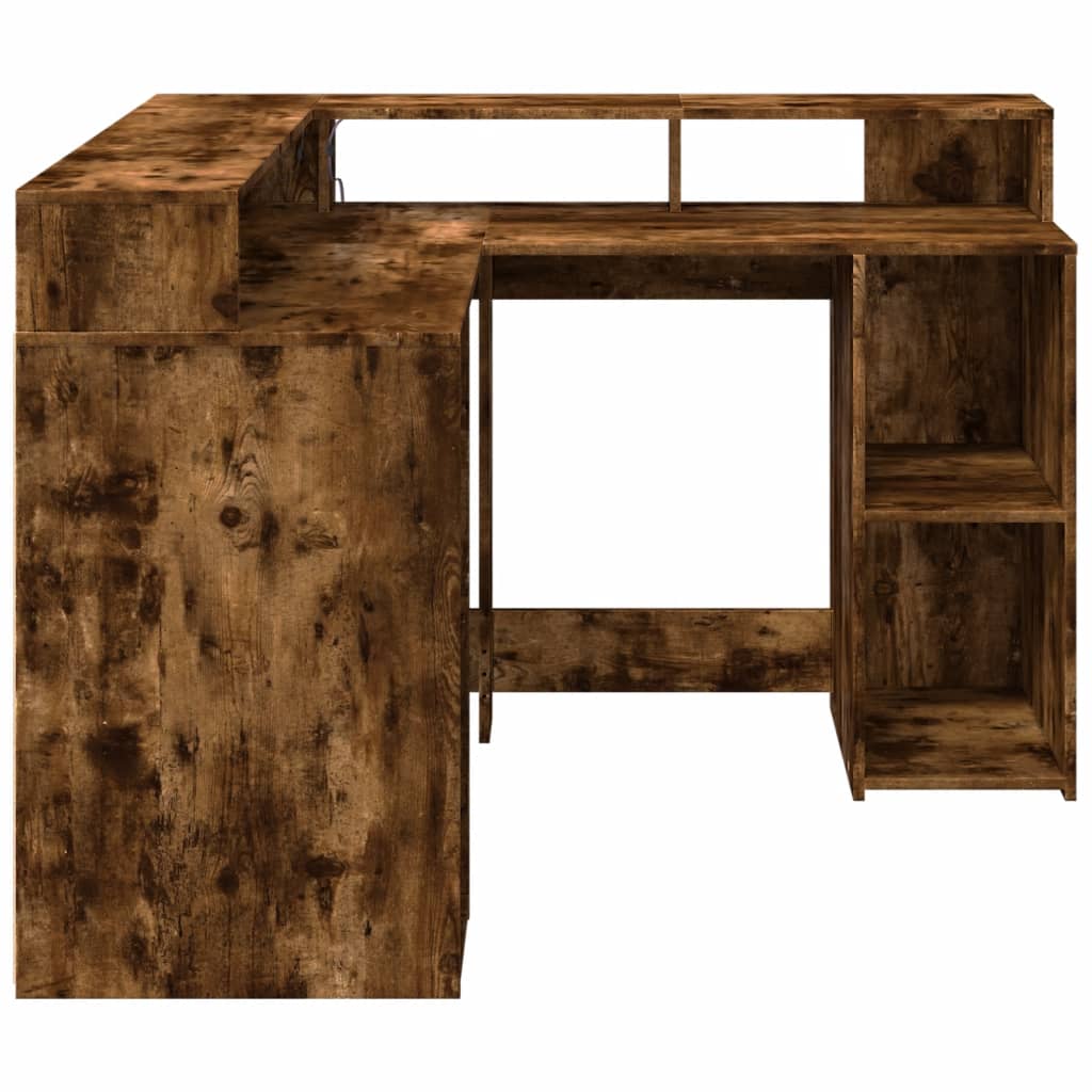 LED-Schreibtisch Räuchereiche 130x130x91 cm Holzwerkstoff