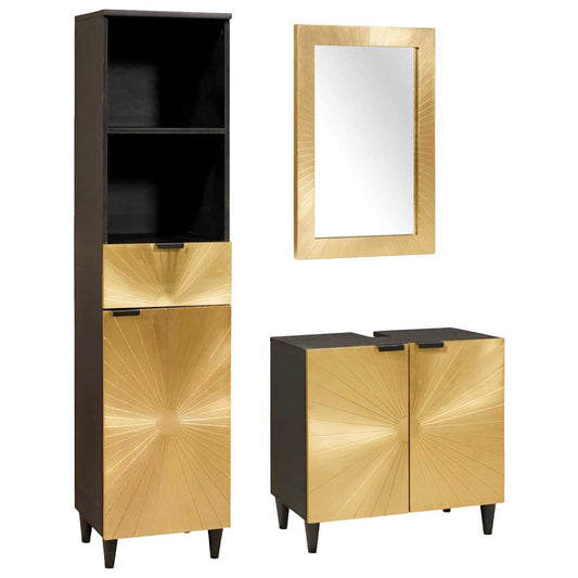 Badezimmerschrank-Set 3 pcs Schwarz und Gold Massivholz Mango