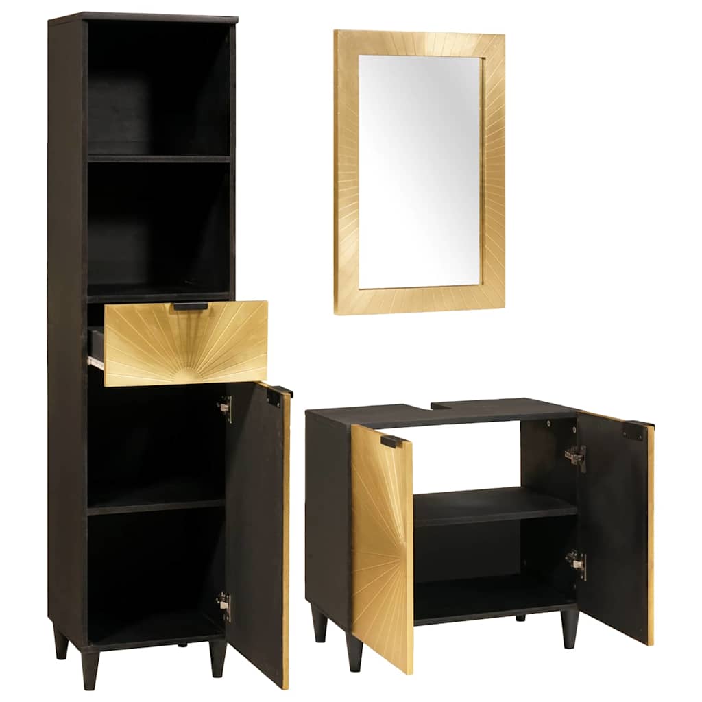 Badezimmerschrank-Set 3 pcs Schwarz und Gold Massivholz Mango