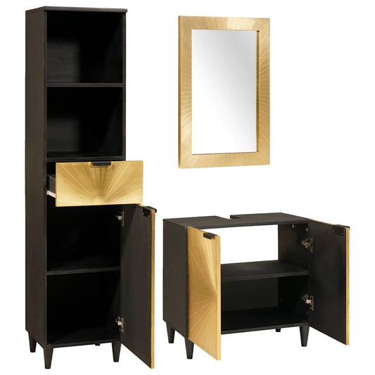 Badezimmerschrank-Set 3 pcs Schwarz und Gold Massivholz Mango