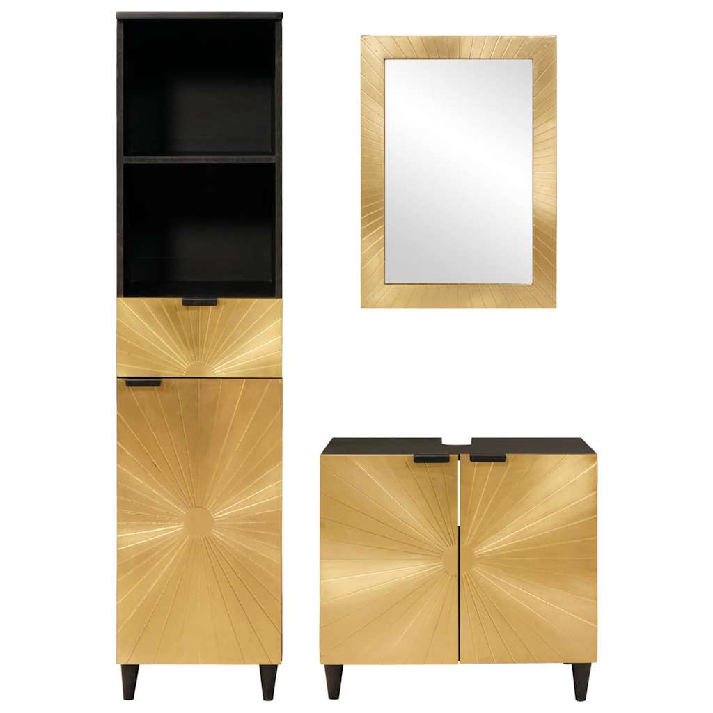 Badezimmerschrank-Set 3 pcs Schwarz und Gold Massivholz Mango