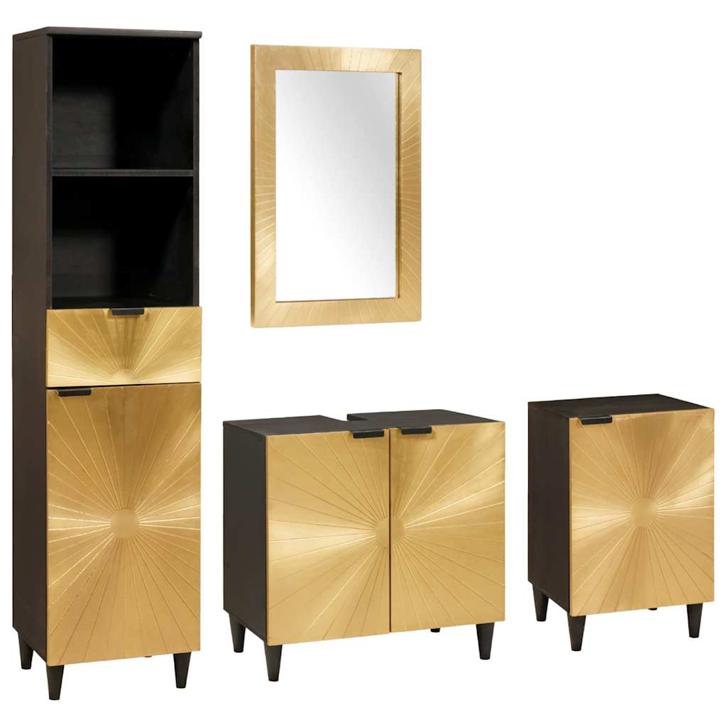 Badezimmerschrank-Set 4 pcs Schwarz und Gold Massivholz Mango
