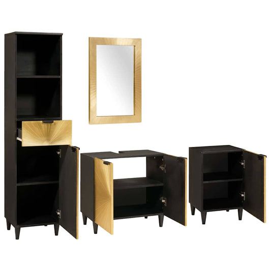 Badezimmerschrank-Set 4 pcs Schwarz und Gold Massivholz Mango