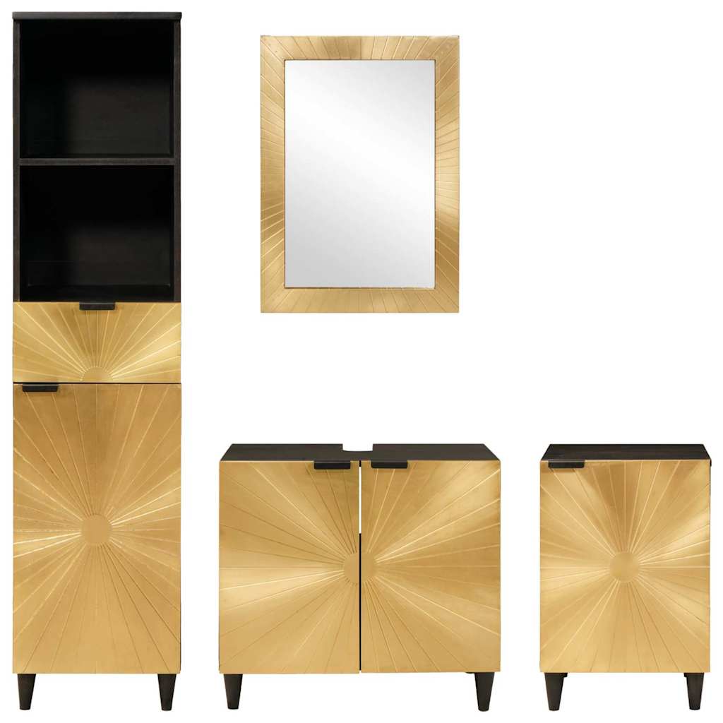 Badezimmerschrank-Set 4 pcs Schwarz und Gold Massivholz Mango
