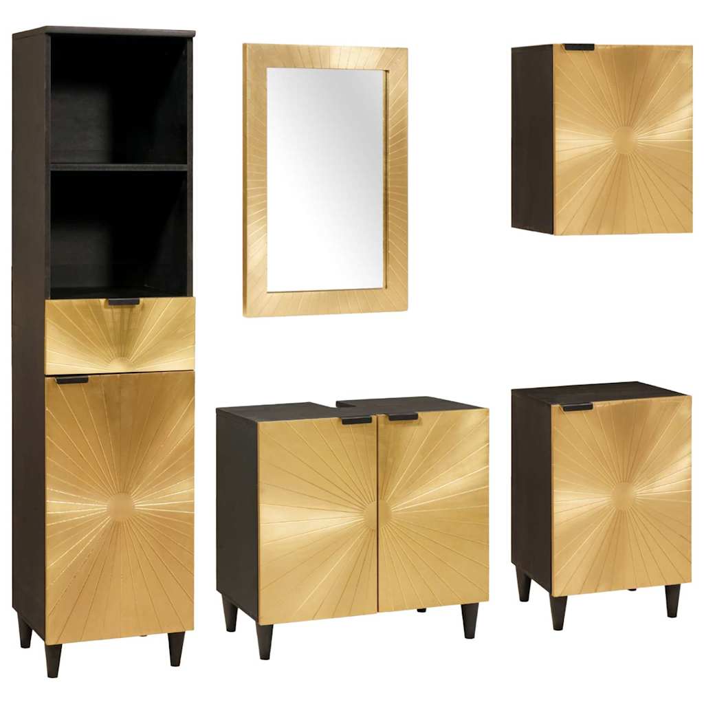 Badezimmerschrank-Set 5 pcs Schwarz und Gold Massivholz Mango