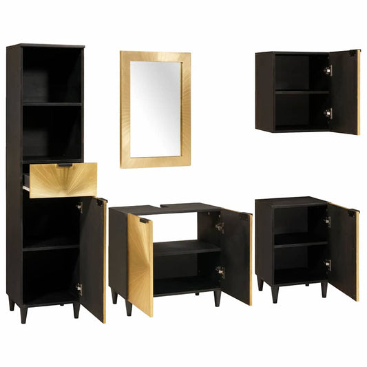 Badezimmerschrank-Set 5 pcs Schwarz und Gold Massivholz Mango