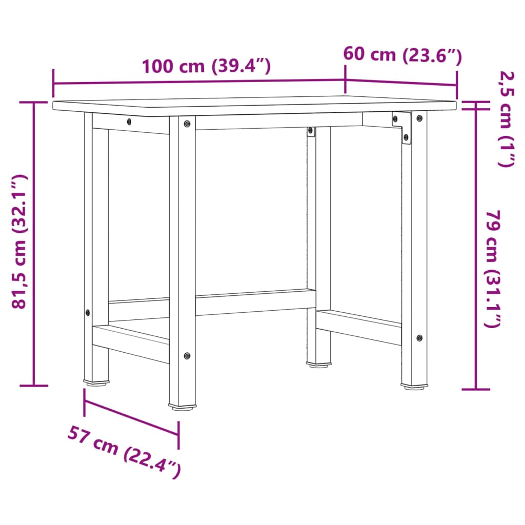 Werkbank Hellbraun 100x60x81,5 cm Massivholz Eiche Rechteckig