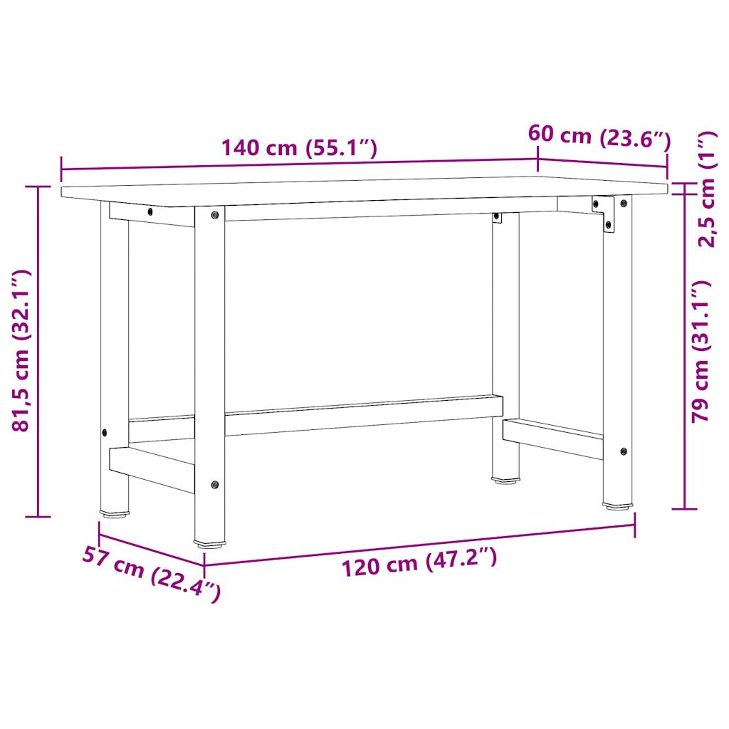 Werkbank 140x60x81,5 cm Massivholz Eiche