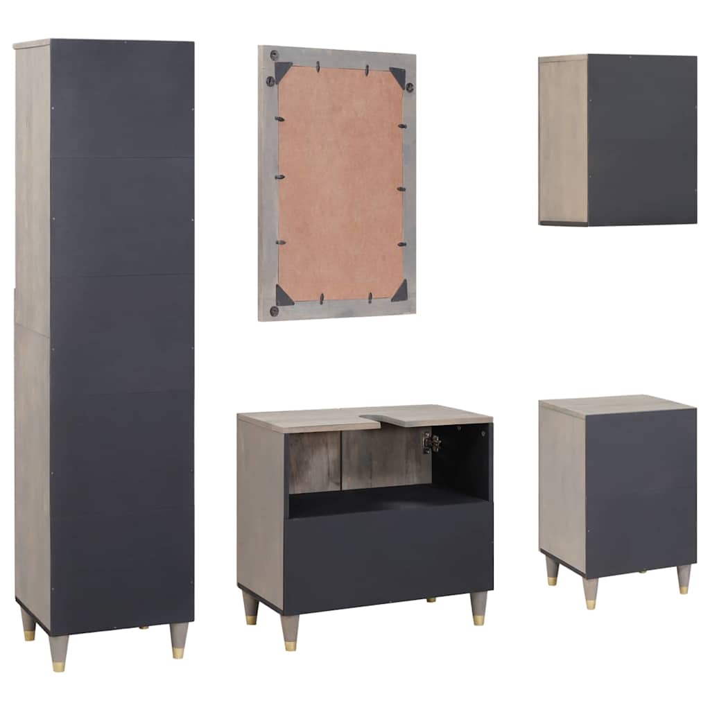 Badezimmerschrank-Set Wandmontiert 5 pcs Grau Massivholz Mango