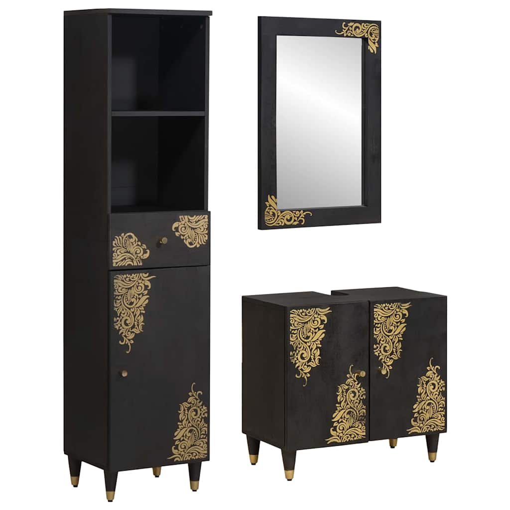 Badezimmerschrank-Set mit Tür 3 pcs Schwarz Massivholz Mango