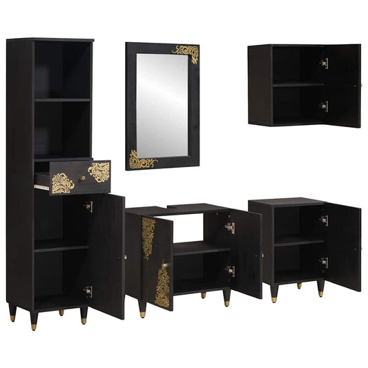 Badezimmerschrank-Set mit Tür 5 pcs Schwarz Massivholz Mango