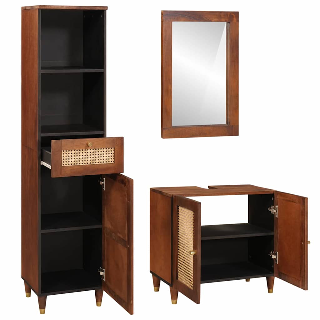 Badezimmerschrank 3 pcs Braun und Schwarz Massivholz Mango