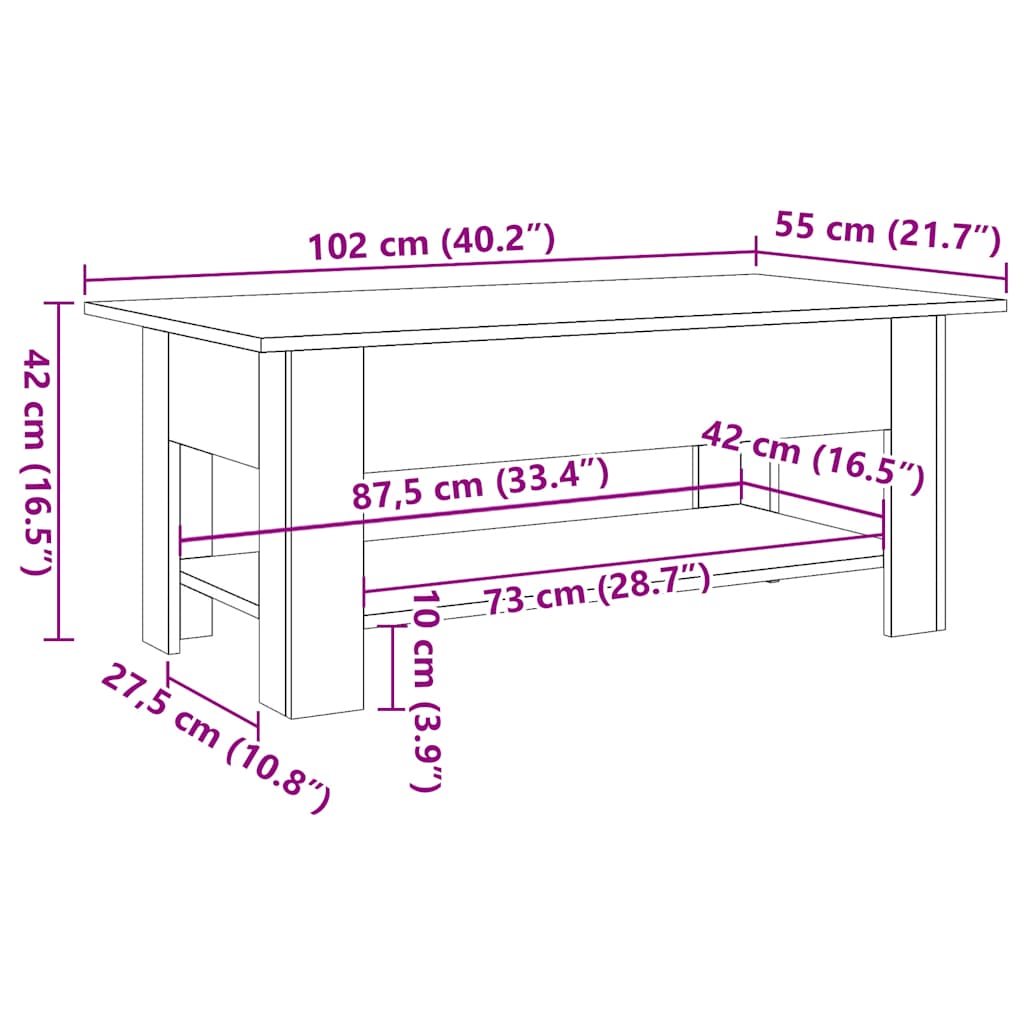 Couchtisch Artisan-Eiche 102x55x42 cm Holzwerkstoff