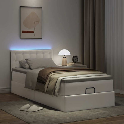 Ottoman-Bett mit Matratzen & LEDs Reinweiß 90x200 cm Kunstleder