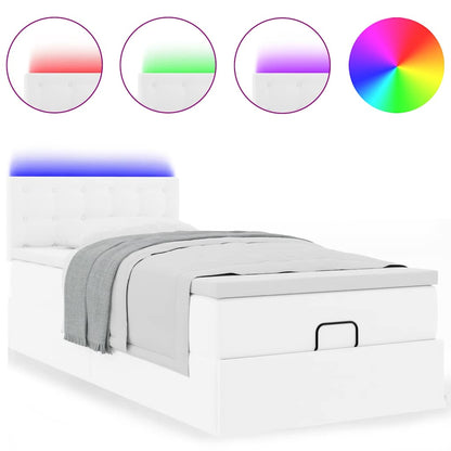 Ottoman-Bett mit Matratzen & LEDs Reinweiß 90x200 cm Kunstleder